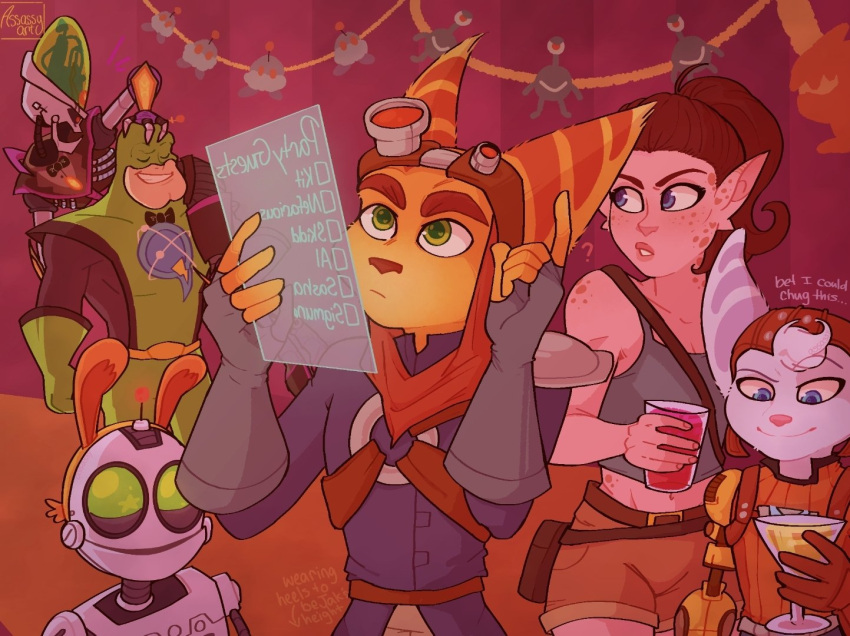 ? alcohol alien alien_humanoid angela_cross anthro assassyart beverage blue_eyes bottomwear bow_tie breasts brown_hair brown_nose captain_qwark cazar_(ratchet_and_clank) clank_(ratchet_and_clank) clothed clothing container cup cybernetic_arm cybernetic_limb daxter dialogue dr._nefarious drinking_glass english_text fake_ears fake_ears_hairband female fur glass glass_container glass_cup green_eyes grey_body group hair halloween holidays humanoid jak jak_and_daxter lara_croft machine male mammal markazian midriff naughty_dog navel pink_nose ratchet_and_clank rivet_(ratchet_and_clank) robot shirt shorts sony_corporation sony_interactive_entertainment spots spotted_body spotted_skin talwyn_apogee tank_top text tomb_raider topwear video_games wine wine_glass yellow_body yellow_fur