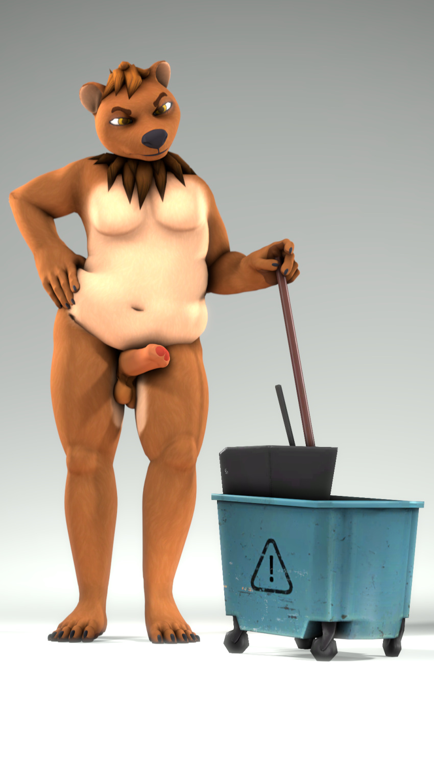 2021 3d_(artwork) 5_fingers 5_toes a1ph4w01v annoyed anthro balls bearphones brown_bear brown_body brown_fur brown_hair bucket claws cleaning_tool container digital_media_(artwork) erection feet fingers foreskin front_view fur genitals grizzly_bear hair hand_on_hip hi_res humanoid_genitalia humanoid_penis male mammal mop navel neck_tuft nude orange_eyes penis slightly_chubby solo standing toes tuft ursid ursine