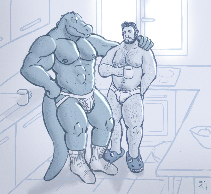 anthro beard bowl briefs bulge cabinets clothing container cup dark_hair duo eyes_closed facial_hair footwear hairy_male human inside jockstrap kitchen male male/male mammal misaligned monochrome muscular muscular_male mustache navel nipples slippers smile socks teeth_showing underwear window