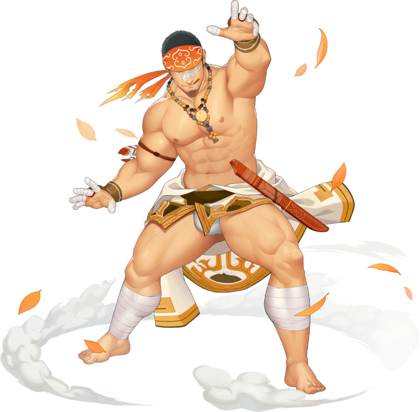 1boy abs armband armpits bandages bara biceps black_hair bulge clothes_around_waist facial_hair feathers fundoshi gauntlets gyee headband highres itto_(mentaiko) jacket jacket_around_waist japanese_clothes jewelry kamui_(gyee) knife leaf looking_at_viewer male_focus male_underwear muscular muscular_male necklace nipples pectorals skirt smile solo stubble thick_arms thick_thighs thighs tongue tongue_out underwear wind yellow_eyes