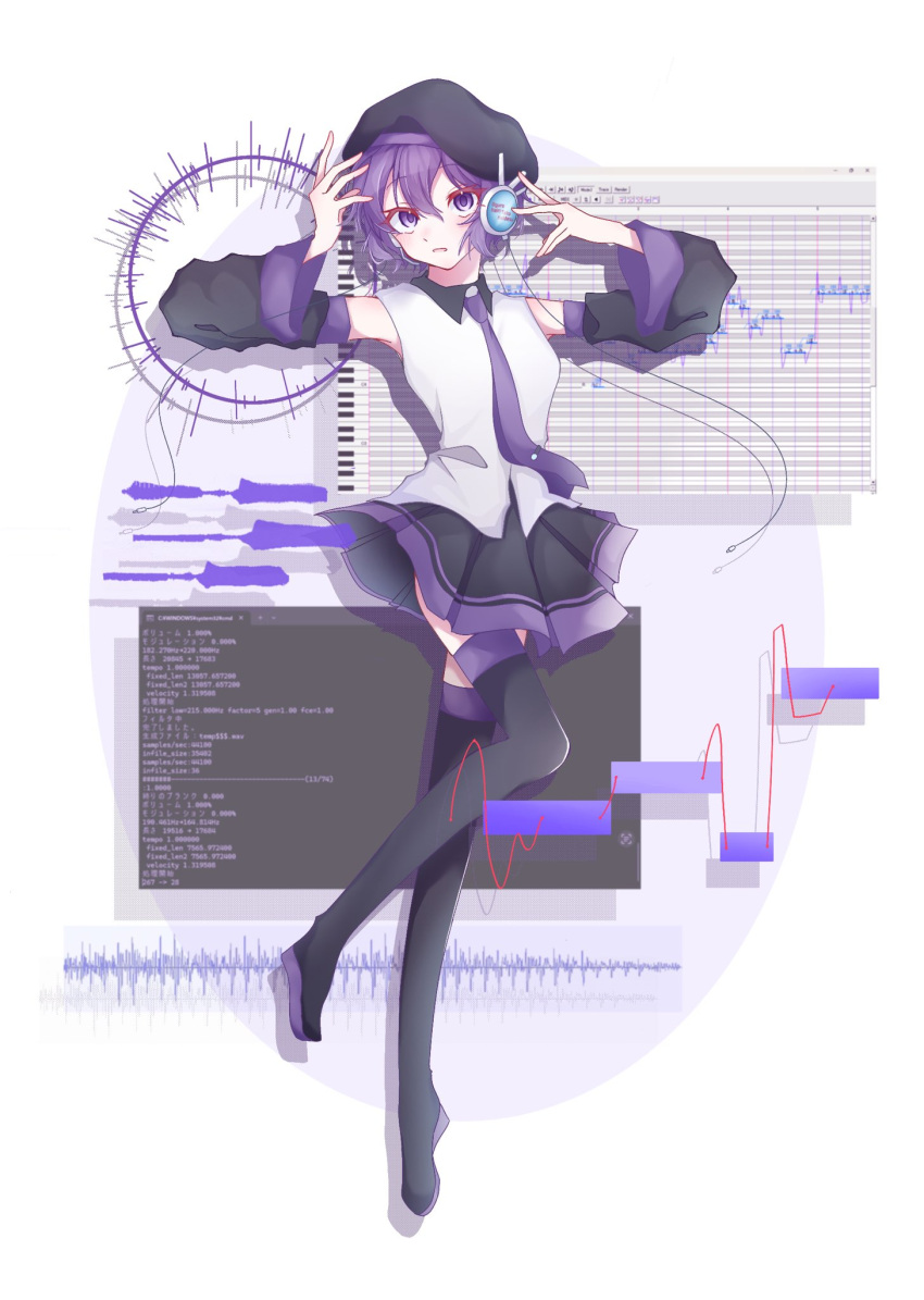 1girl arm_up bare_shoulders beret black_boots black_hat black_skirt black_sleeves boots chanoyuke collared_shirt commentary_request contrast_collar detached_sleeves full_body hair_between_eyes hat highres looking_at_viewer miniskirt necktie parted_lips purple_eyes purple_hair purple_necktie purple_trim robot_ears shirt short_hair skirt sleeveless sleeveless_shirt solo thigh_boots tie_clip utane_uta utau very_short_hair white_shirt
