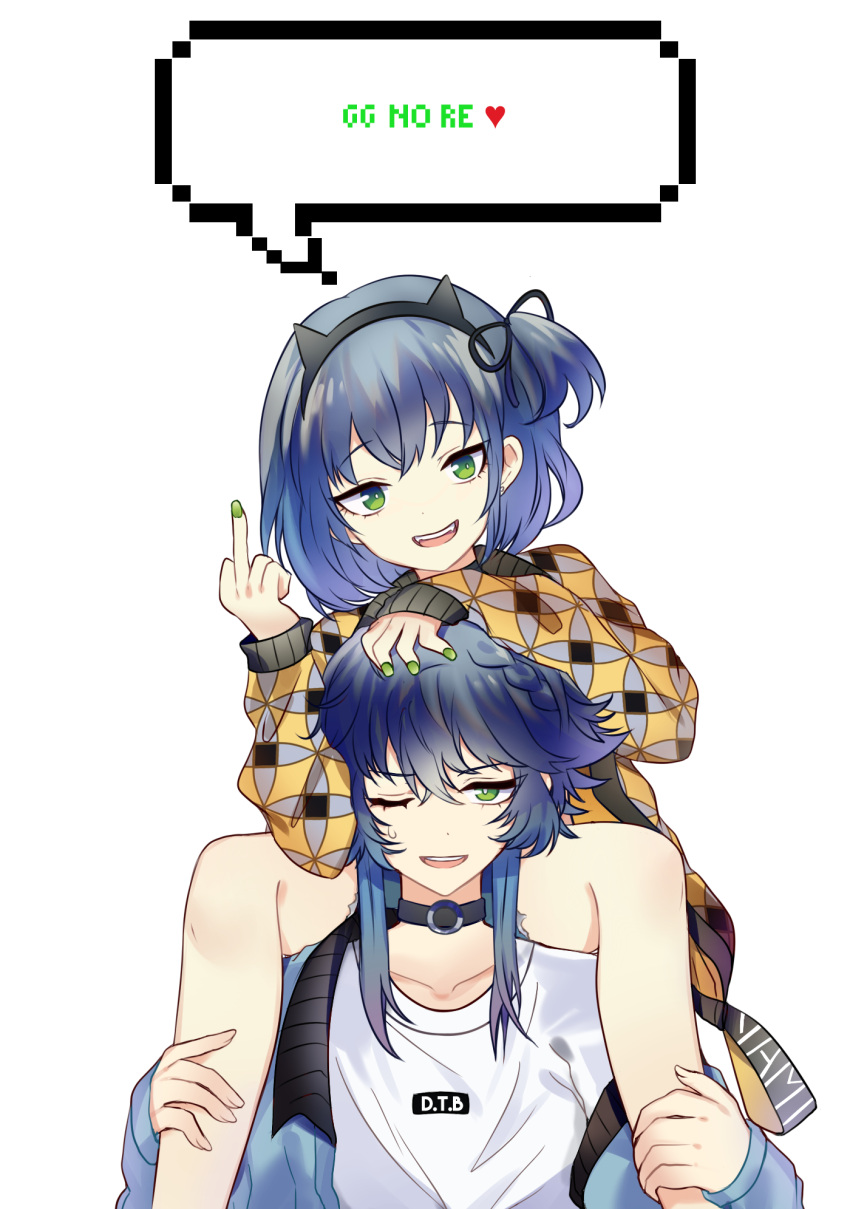 2boys :d ;d animal_ear_hairband animal_ears black_choker black_hairband black_ribbon blue_hair blue_jacket blue_shorts bright_pupils carrying carrying_person cat_ear_hairband cat_ears character_name choker clothes_writing collarbone commentary_request denim denim_shorts double-parted_bangs dual_persona english_text fake_animal_ears fangs feet_out_of_frame fingerless_gloves flipped_hair gloves green_nails grey_jacket hair_between_eyes hair_ribbon hairband hand_on_another's_head hands_on_another's_legs hands_up head_tilt heart highres jacket jacket_partially_removed kiki_(tsunya) long_sleeves looking_at_viewer male_focus middle_finger multiple_boys nail_polish o-ring o-ring_choker one_eye_closed one_side_up open_clothes open_jacket open_mouth patterned_clothing pixel_art_inset puffy_long_sleeves puffy_sleeves raised_eyebrows ribbon round_teeth ryoune_yami short_hair short_hair_with_long_locks short_shorts shorts shoulder_carry simple_background sitting sleeves_past_wrists smile speech_bubble straight-on swept_bangs teeth trap tsurime upper_body upper_teeth_only utau v-shaped_eyebrows white_background white_hair white_pupils yellow_jacket