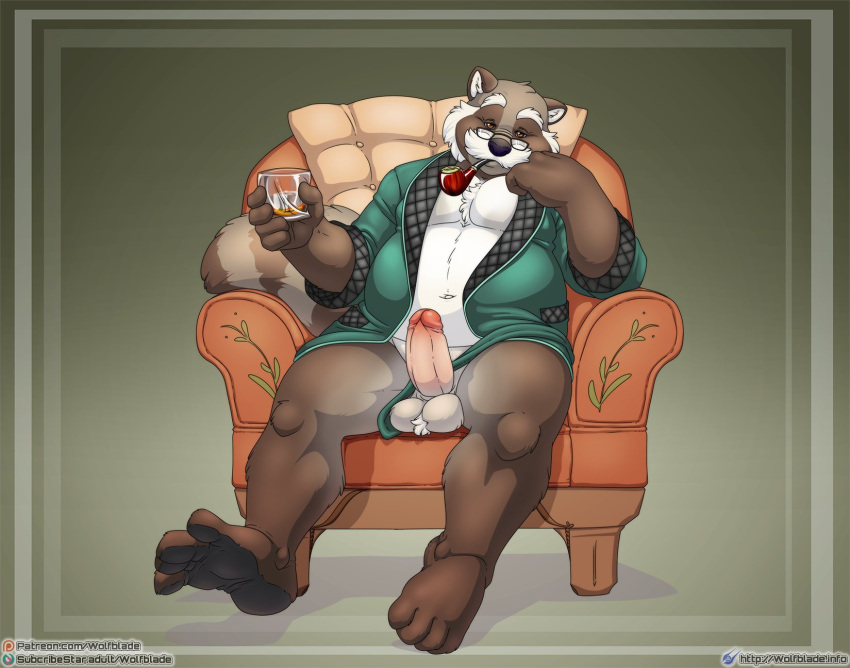 2022 anthro brown_body eyewear facial_hair furniture genitals glasses hi_res humanoid_genitalia humanoid_hands humanoid_penis male mammal marty_raccoon mature_male mustache overweight overweight_male penis procyonid raccoon sitting sofa solo wolfblade