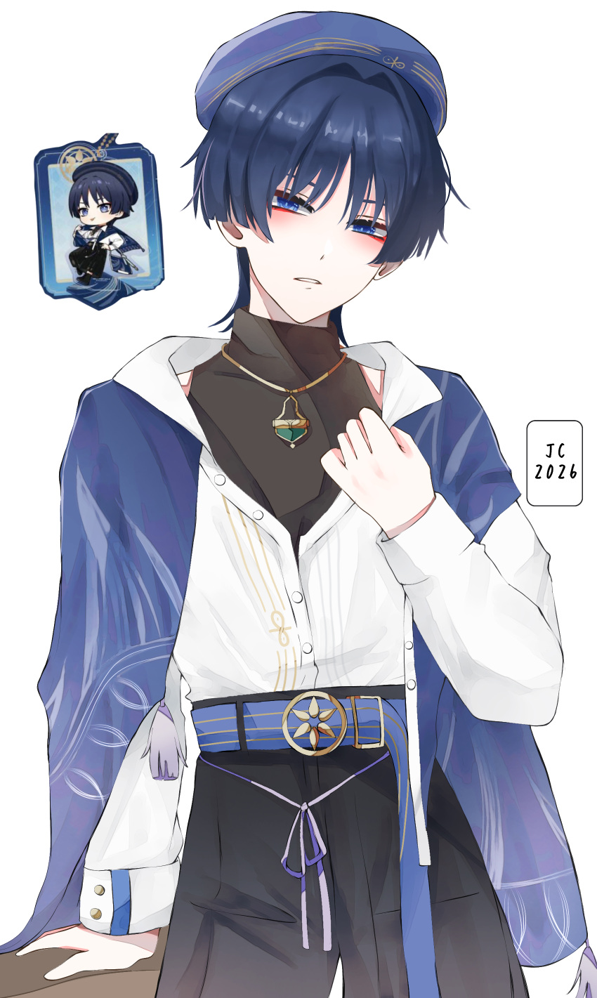 1boy 2026 absurdres arm_support belt belt_buckle beret black_bodysuit black_hair black_pants blue_belt blue_eyes blue_hat blue_shawl blunt_ends bodysuit bright_pupils buckle casual chibi chibi_inset commentary_request contemporary drawstring eyeliner fringe_trim genshin_impact gold_buckle gold_necklace gold_trim hair_intakes hand_up hat highres jazz_(texf3555) jewelry long_sleeves looking_at_viewer makeup male_focus necklace official_alternate_costume official_art_inset pants partially_unbuttoned red_eyeliner scaramouche_(genshin_impact) shawl shirt shoulder_peek solo tsurime turtleneck turtleneck_bodysuit wanderer_(genshin_impact) wanderer_(impression)_(genshin_impact) white_background white_pupils white_shirt white_sleeves wispy_bangs