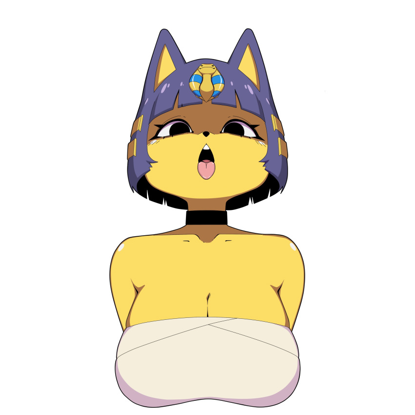 1girl ahegao animal_crossing animal_ears ankha_(animal_crossing) bangs bare_shoulders black_eyes blue_hair blunt_bangs bob_cut breasts cat cleavage colored_skin dot_nose drawing furry furry_female hair_ornament highres huge_breasts lineart looking_at_viewer open_mouth original potatoartox self_upload simple_background smile solo tareme tongue tongue_out upper_body white_background yellow_skin