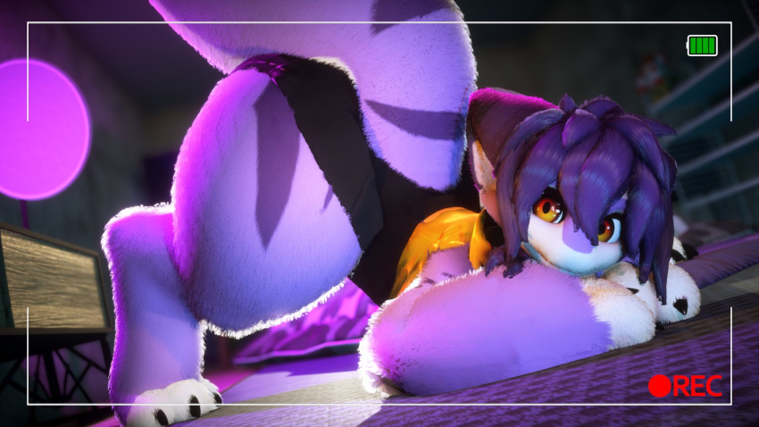 2021 3d_(artwork) all_fours anthro ass_up black_clothing blurred_background camera_view claws clothing detailed detailed_background detailed_fur digital_media_(artwork) digitigrade female fur hair hi_res inside jack-o'_pose leotard looking_at_viewer low-angle_view markings multicolored_clothing on_ground orange_eyes pose purple_body purple_fur purple_hair recording solo striped_markings stripes television thick_thighs toe_claws tsukiyo tsukiyo_(artist) two_tone_clothing unknown_species white_body white_fur yellow_clothing