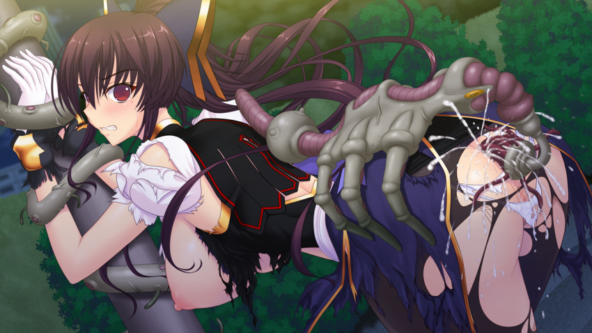 1girl anal ass bent_over bestiality black_pantyhose blush bound breasts brown_hair bug censored clenched_teeth cum cum_in_ass cum_in_pussy game_cg genseishinki_sacred_virth gloves hair_ribbon hanging_breasts large_breasts large_variant_set long_hair looking_at_viewer looking_back magical_girl monster mosaic_censoring nipples non-web_source official_art outdoors panties pantyhose ponytail rape red_eyes restrained ribbon sacred_noire self-datamine solo tears teeth tentacle_sex tentacles torn_clothes torn_panties torn_pantyhose underwear variant_set white_gloves white_panties yuugure_pairo yuuki_setsu