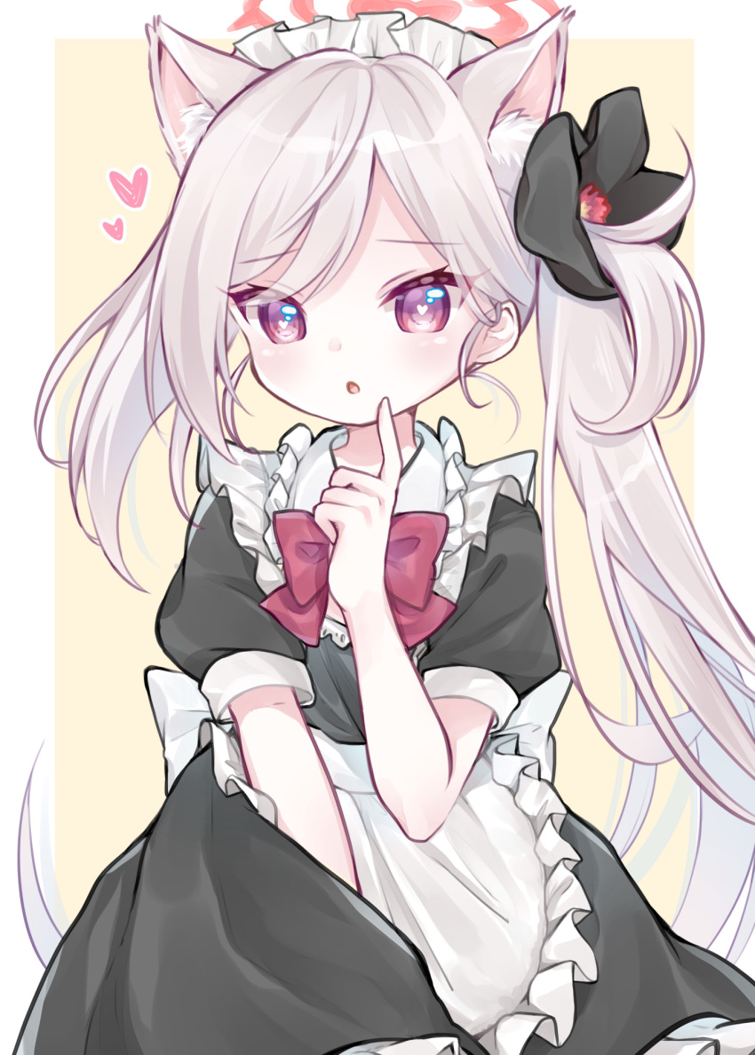 1girl :o alternate_costume animal_ear_fluff animal_ears apron black_dress blue_archive bow brown_background cat_ears commentary_request dress enmaided frilled_apron frills grey_hair halo hand_up heart heart-shaped_pupils highres kemonomimi_mode long_hair looking_at_viewer maid maid_headdress mutsuki_(blue_archive) ni_kiro parted_lips puffy_short_sleeves puffy_sleeves red_bow red_eyes short_sleeves side_ponytail solo symbol-shaped_pupils two-tone_background very_long_hair white_apron white_background