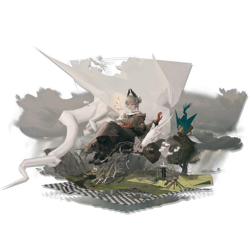 1girl absurdres arknights bird_girl black_feathers black_shoes book brown_robe closed_eyes cloud cloudy_sky dragon earrings english_text extra_arms feathers fire fish floating floating_book floating_object flying_fish full_body gloves grey_hair hair_bun hat head_wings highres holding holding_trophy jewelry landscape low_poly missing_texture_(source) mountain multicolored_gloves necklace non-web_source official_alternate_costume official_art open_mouth petting raidian_(arknights) raidian_(lorem_ipsum)_(arknights) reading red_gloves ripples robe shoes shuiyaoximushi single_hair_bun sitting sky smile solo surreal t-pose tachi-e transparent_background tree trophy two-tone_gloves untextured white_gloves white_robe wings witch_hat
