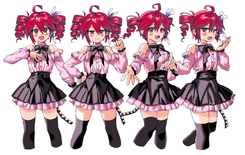1girl ahoge black_skirt blush commentary_request drill_hair frills hair_between_eyes hair_ornament heroine_re_quest highres jirai_kei kasane_teto korean_commentary long_sleeves looking_at_viewer open_mouth pc-98_(style) pink_shirt red_eyes red_hair samsap shirt simple_background skirt smile solo twin_drills utau white_background