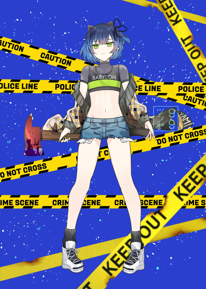 1boy absurdres animal_ear_hairband animal_ears ankle_socks arms_at_sides axe bare_legs black_hair black_hairband black_ribbon black_shirt black_shoes black_socks black_tank_top blood blood_on_weapon blue_background blue_hair blue_shorts bright_pupils cat_ear_hairband cat_ears caution_tape character_name closed_mouth clothes_writing commentary_request covered_collarbone crop_top cropped_shirt denim denim_shorts earrings eyes_visible_through_hair fake_animal_ears from_below frown full_body gradient_hair green_eyes green_nails grey_jacket groin hair_between_eyes hair_ribbon hairband highres holding holding_axe jacket jacket_partially_removed jewelry kiki_(tsunya) long_sleeves looking_at_viewer male_focus midriff multicolored_hair multicolored_shoes nail_polish navel one_side_up open_clothes open_jacket pale_skin pigeon-toed puffy_long_sleeves puffy_sleeves ribbed_socks ribbon ryoune_yami see-through_clothes see-through_shirt shirt shoelaces shoes short_hair short_shorts short_sleeves shorts sidelocks simple_background slit_pupils socks solo standing stud_earrings tank_top trap tsurime turtleneck turtleneck_shirt two-tone_hair two-tone_shoes utau weapon white_pupils white_shoes yellow_jacket