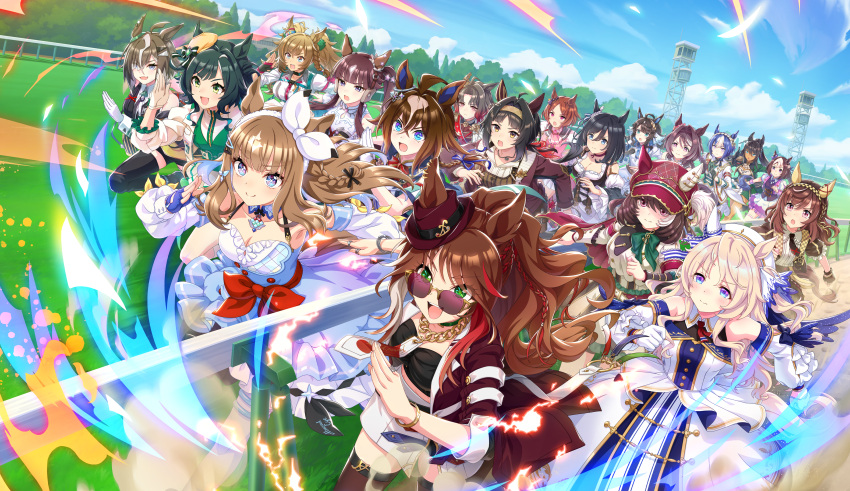 +_+ 6+girls absurdres ahoge almond_eye_(the_changer)_(umamusume) almond_eye_(umamusume) animal_ears ascot asymmetrical_gloves bandeau black_gloves black_hair blast_onepiece_(umamusume) blue_eyes blue_gloves blue_hair blunt_bangs blush bob_cut bodice bow braid braided_sidelocks breasts bright_pupils brown_hair buena_vista_(heroina_inocente)_(umamusume) buena_vista_(umamusume) cesario_(future_weaver)_(umamusume) cesario_(umamusume) checkered_collar checkered_hairband choker cleavage closed_mouth collarbone colored_inner_hair crown_braid daring_tact_(umamusume) dark-skinned_female dark_skin detached_sleeves dirndl ear_bow ear_covers ear_ornament ear_ribbon ear_scrunchie earrings ears_through_headwear eishin_flash_(meisterschaft)_(umamusume) eishin_flash_(umamusume) epiphaneia_(umamusume) fingerless_gloves flower-shaped_pupils flower_in_eye forever_young_(umamusume) german_clothes glasses gloves gradient_hair green_eyes green_hair green_jacket green_shorts green_vest hair_between_eyes hair_ornament hairband hairclip half_up_braid hat headband highres horse_ears horse_girl horse_racing_track horse_tail jacket jewelry kiseki_(miracle_author)_(umamusume) kiseki_(umamusume) large_breasts logotype_(umamusume) long_hair long_sleeves lucky_lilac_(umamusume) marche_lorraine_(umamusume) medium_breasts medium_hair mismatched_gloves multicolored_hair multiple_girls navel necktie official_art open_mouth outdoors pink_ascot pink_eyes pink_vest ponytail puffy_short_sleeves puffy_sleeves purple_bow purple_eyes purple_ribbon purple_vest red_button red_choker ribbon rose_kingdom_(umamusume) rulership_(umamusume) running sakura_chitose_o_(umamusume) sakura_laurel_(saisir_le_reve)_(umamusume) sakura_laurel_(umamusume) scrunchie shirt short_hair short_sleeves shorts side_braid side_ponytail skirt sky sleeve_bow small_breasts smile special_week_(special_dreamer)_(umamusume) special_week_(umamusume) split_ponytail star_(symbol) streaked_hair striped_clothes striped_skirt swept_bangs symbol-shaped_pupils symbol_in_eye symboli_kris_s_(onyx_soldier)_(umamusume) symboli_kris_s_(umamusume) tail twintails two-tone_hair umamusume vertical-striped_clothes vertical-striped_skirt vest victoire_pisa_(umamusume) waist_bow white_bandeau white_gloves white_hair white_hairband white_jacket white_scrunchie white_shirt white_shorts white_skirt white_streaks x-shaped_pupils yellow_hat