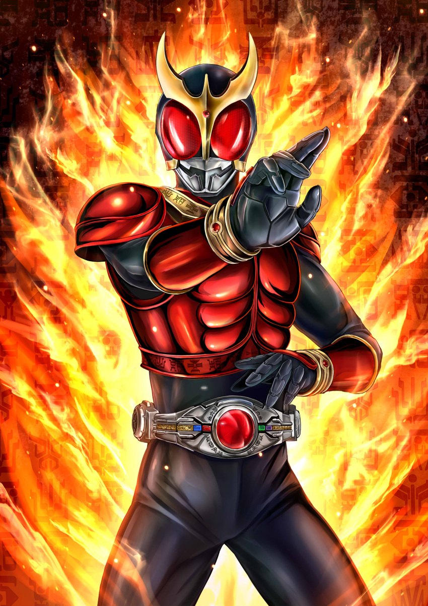 1boy absurdres arcle_(kuuga) armor bodysuit bug compound_eyes cowboy_shot cropped_legs driver fire forehead_jewel gauntlets gloves heisei highres kamen_rider kamen_rider_kuuga kamen_rider_kuuga_(series) kuuga_(mighty) male_focus masukudo_(hamamoto_hikaru) pose red_armor red_background red_eyes rider_belt stag_beetle tokusatsu