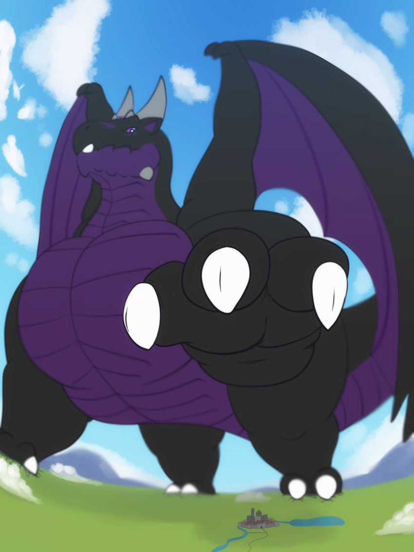 absurd_res black_body claws crush dragon feet feral gem hi_res looming looming_over low-angle_view macro male membrane_(anatomy) membranous_wings multicolored_body muscular muscular_male paws pecs purple_body purple_eyes purple_gem scalie size_difference solo toe_claws toes vezar_(vezerem) vezerem western_dragon wings