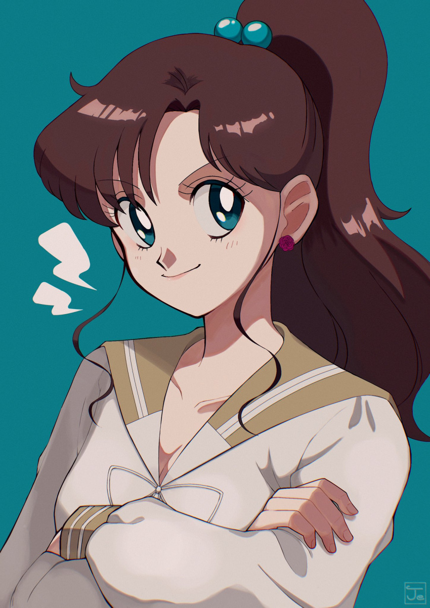 1girl bangs bishoujo_senshi_sailor_moon blush breasts cleavage closed_mouth collarbone commentary_request crossed_arms earrings eyelashes green_background green_eyes hair_bobbles hair_ornament high_ponytail highres jeri20 jewelry kino_makoto long_sleeves ponytail sailor_collar school_uniform shiny shiny_hair shirt sidelocks signature simple_background smile solo upper_body watermark white_shirt yellow_sailor_collar