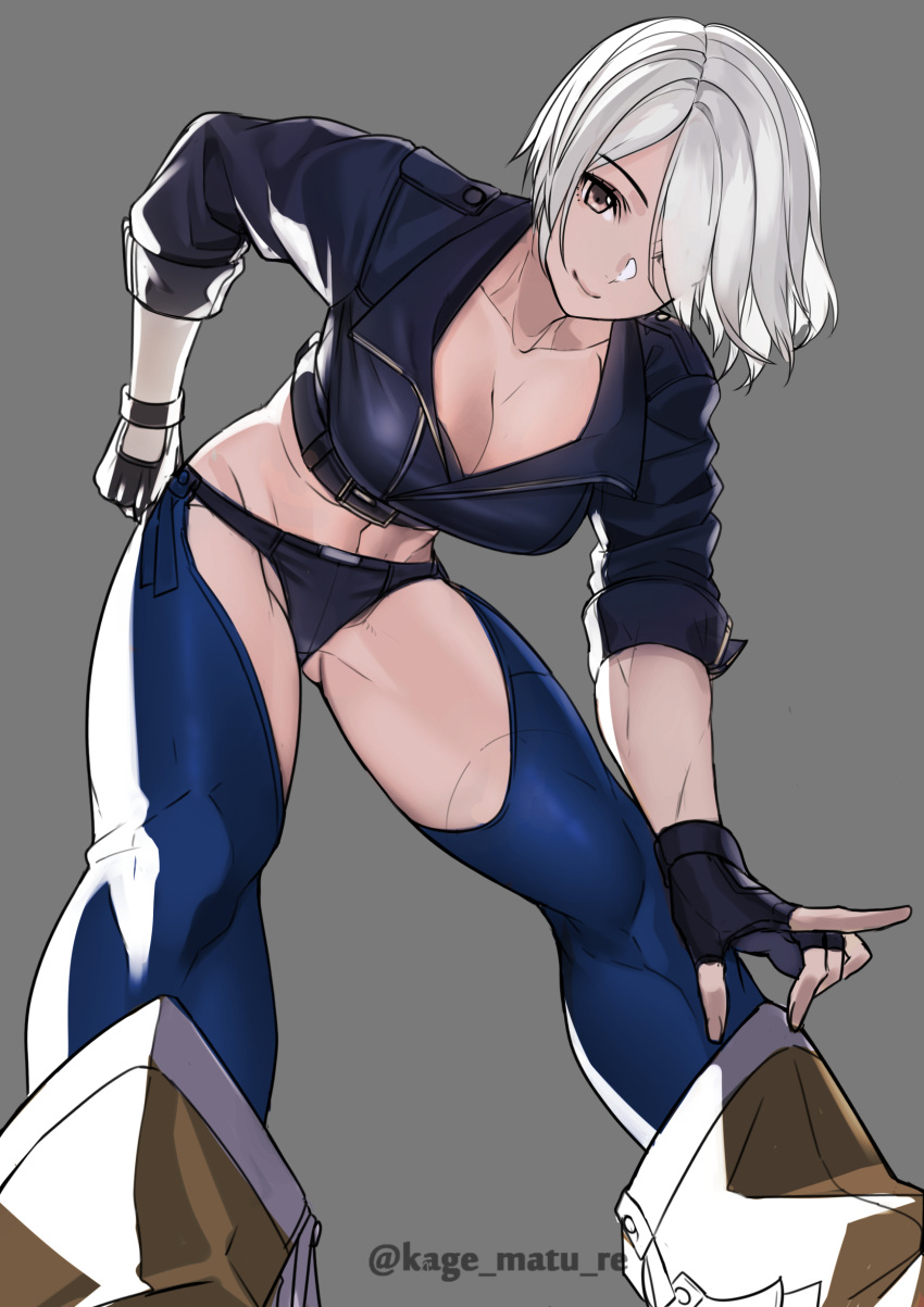 1girl absurdres angel_(kof) boots bra breasts cleavage cowboy_boots cropped_jacket fingerless_gloves gloves hair_over_one_eye highres jacket kagematsuri large_breasts leather leather_jacket looking_at_viewer looking_down revision snk strapless strapless_bra the_king_of_fighters the_king_of_fighters_xiv the_king_of_fighters_xv toned underwear white_hair