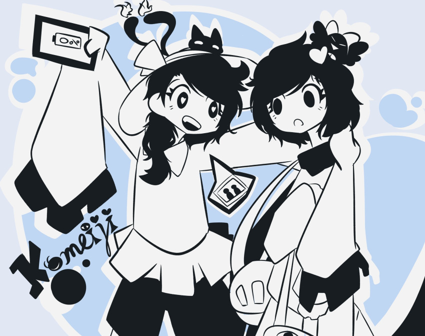 2girls :o animal_on_head arm_at_side bag bird bird_on_head blouse blush cat cat_on_head character_name commentary fang flame-tipped_tail frilled_sleeves frills hair_ornament hair_over_shoulder hand_on_another's_shoulder hand_on_own_chest handbag hat hat_ribbon heart heart-shaped_pupils heart_hair_ornament highres holding holding_bag holding_phone kaenbyou_rin kaenbyou_rin_(cat) komeiji_koishi komeiji_satori long_hair long_sleeves looking_at_another multiple_girls multiple_tails on_head outstretched_arms phone reiuji_utsuho reiuji_utsuho_(bird) ribbon short_hair siblings sisters skirt sleeves_past_fingers sleeves_past_wrists speech_bubble split_mouth svenojilasity symbol-shaped_pupils tail teeth third_eye touhou two_tails upper_teeth very_long_sleeves wide_sleeves