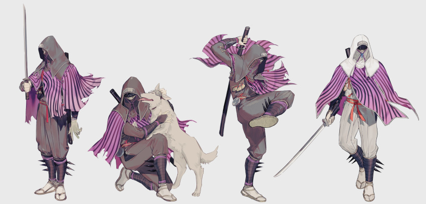 4boys absurdres capelet commentary_request covered_face dog fighting_stance hakama hakama_pants highres holding holding_sword holding_weapon hug interior_ministry_loneshadow japanese_clothes katana knee_up konghi98 korean_commentary lone_shadow_ninja looking_at_viewer male_focus mask multiple_boys pants purple_capelet sekiro:_shadows_die_twice simple_background striped_capelet sword veil weapon white_background white_pants