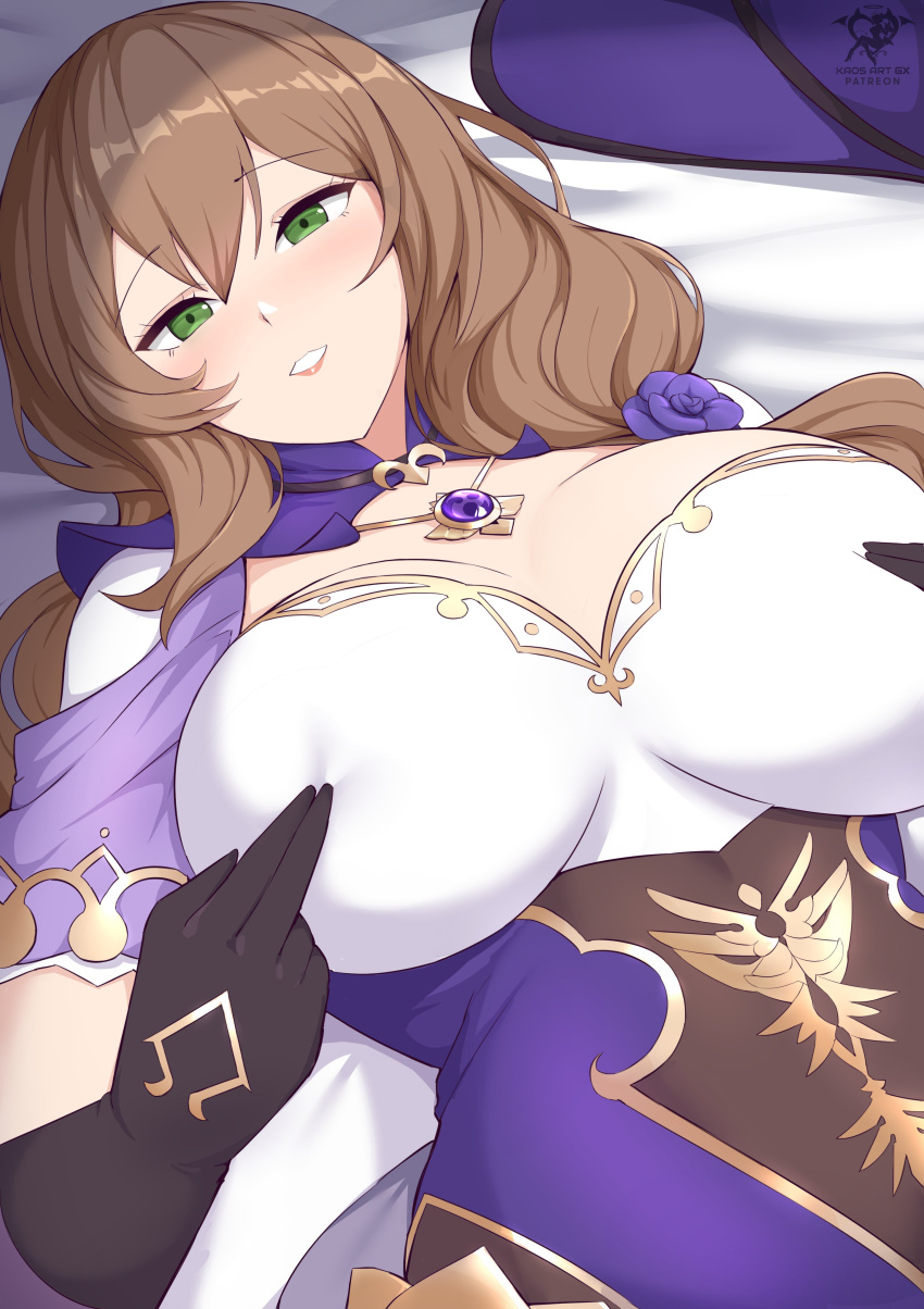 1girl absurdres breast_poke breast_press breasts brown_hair capelet cleavage eyebrows_visible_through_hair flower genshin_impact gloves green_eyes highres jewelry kaos_art large_breasts lisa_(genshin_impact) long_hair looking_at_viewer lying necklace nipple_press on_back on_bed poking purple_capelet purple_flower purple_rose rose seductive_smile self_fondle smile watermark witch