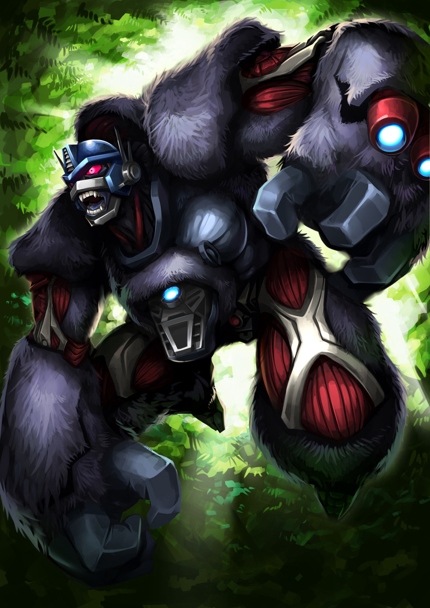 arm_cannon armor beast_wars beast_wars:_transformers colored_sclera commentary fangs forest fur helmet highres male_focus mask mecha muscular nature no_humans optimus_primal pink_eyes pink_sclera ryuusei_(mark_ii) solo transformers weapon