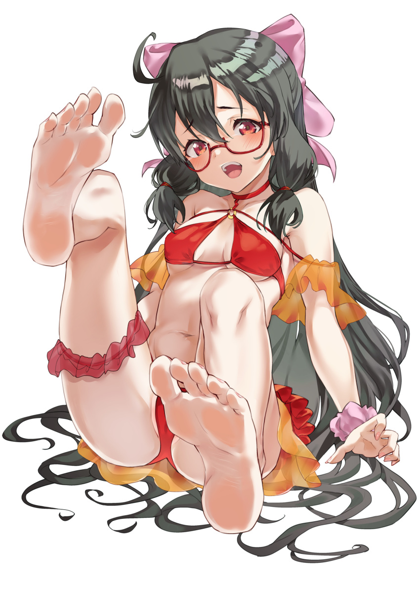 1girl absurdres ahoge bare_arms bare_legs bare_shoulders barefoot bikini black_hair boshi_(a-ieba) breasts commission glass glasses highres long_hair looking_at_viewer navel original red_bikini red_eyes skeb_commission solo swimsuit very_long_hair