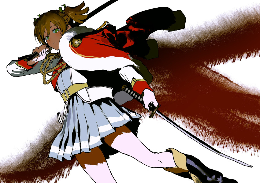 1girl belt black_boots boots brown_hair closed_mouth commentary daiba_nana dual_wielding dutch_angle fur-trimmed_jacket fur_trim green_eyes grey_skirt gwonminchang_(pedestrianium) highres holding holding_sword holding_weapon jacket jacket_on_shoulders katana knee_boots long_sleeves looking_at_viewer over_shoulder red_jacket red_sash sash short_hair shoujo_kageki_revue_starlight skirt solo standing sword sword_over_shoulder twintails untranslatable_commentary upper_body weapon weapon_over_shoulder white_jacket yellow_belt