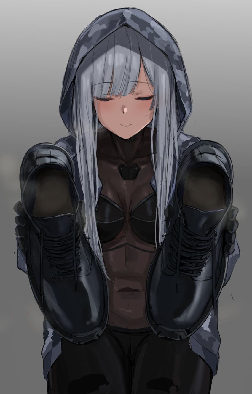 1girl absurdres ak-12_(faint_light_of_furthest_day)_(girls'_frontline) ak-12_(girls'_frontline) bangs black_bodysuit black_footwear black_gloves blush bodysuit boots breasts camouflage camouflage_jacket closed_eyes eyebrows_visible_through_hair girls'_frontline gloves grey_background highres holding holding_clothes holding_footwear hood hood_up hooded_jacket jacket kuro_(zhurunbo1997) long_hair long_sleeves silver_hair simple_background smell smile solo