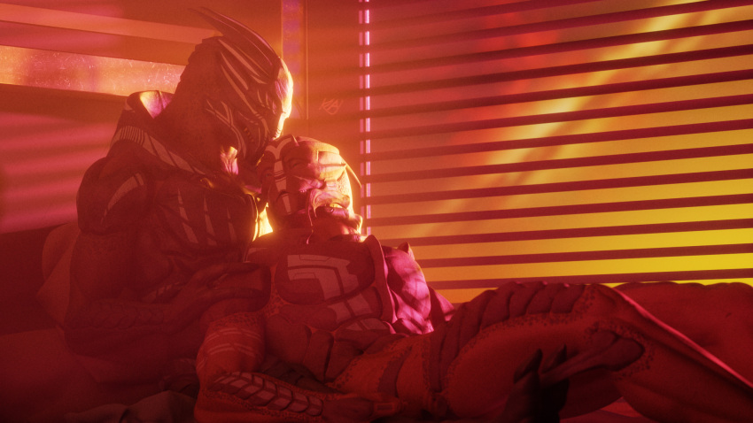 3d_(artwork) alien bed bodypaint cuddling digital_media_(artwork) duo face_paint furniture hi_res inside kagekave lying male male/male mass_effect muscular muscular_male nude nuzzling on_back on_bed reclining romantic romantic_couple turian video_games window_blinds