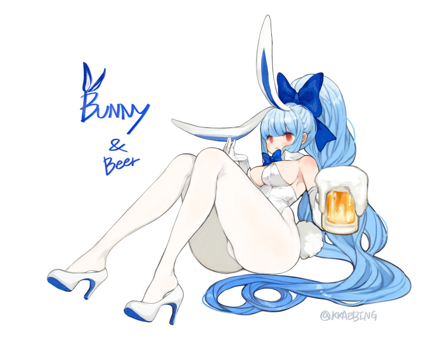 1girl :&lt; animal_ears artist_name bangs bare_shoulders beer_mug blue_bow blue_hair blunt_bangs bow breasts bunny closed_mouth commentary_request cup elbow_gloves english_text engrish_text eyelashes full_body gloves hair_bow hair_ribbon high_heels high_ponytail highleg highleg_leotard holding kkaebing knees_together_feet_apart large_breasts leotard light_blue_hair long_hair mug original pigeon-toed platform_footwear platform_heels playboy_bunny ponytail rabbit_ears rabbit_tail ranguage red_eyes ribbon sidelocks simple_background sitting solo strapless strapless_leotard tail very_long_hair white_background white_footwear white_gloves white_legwear white_leotard