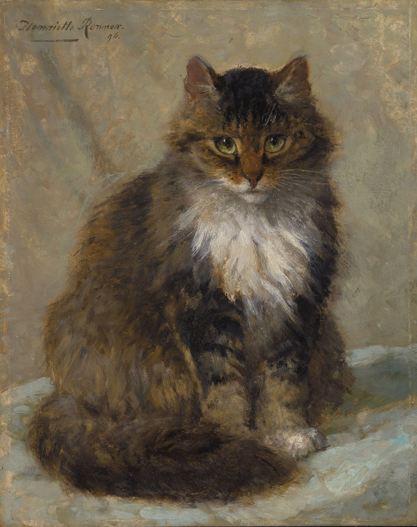 1894 19th_century absurd_res ambiguous_gender ancient_art brown_body brown_fur chest_tuft domestic_cat felid feline felis feral fur green_eyes henriette_ronner-knip hi_res looking_at_viewer maine_coon mammal no_sclera nude oil_painting_(artwork) painting_(artwork) portrait public_domain quadruped realistic signature sitting solo traditional_media_(artwork) tuft whiskers white_body white_fur