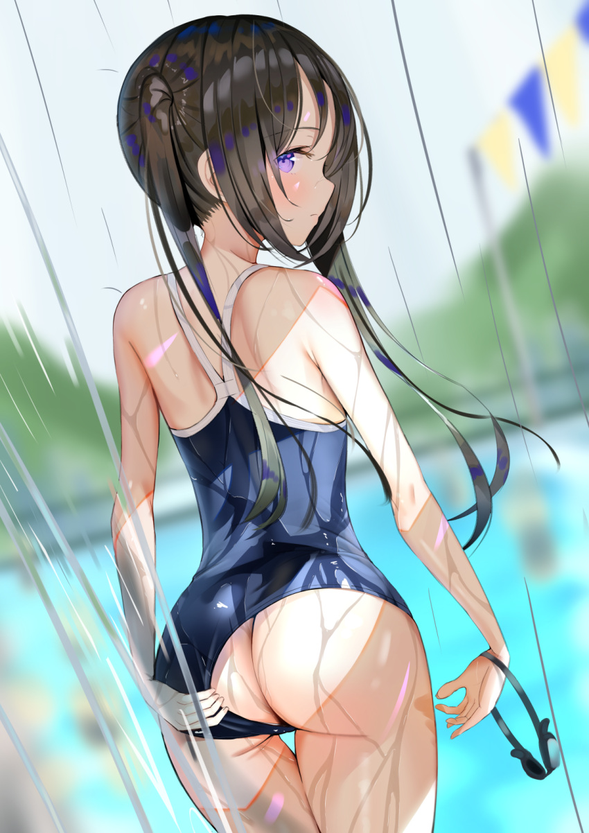 1girl ass back bangs black_hair black_swimsuit blurry blurry_background bunting closed_mouth clothes_pull commentary_request eyebrows_visible_through_hair goggles goggles_removed grey_sky highres long_hair looking_at_viewer looking_back mountain one-piece_swimsuit original pool poolside purple_eyes sakura_yuu_(hzjy8485) school_swimsuit school_uniform shoulder_blades sidelocks solo standing swimsuit swimsuit_pull twintails wet