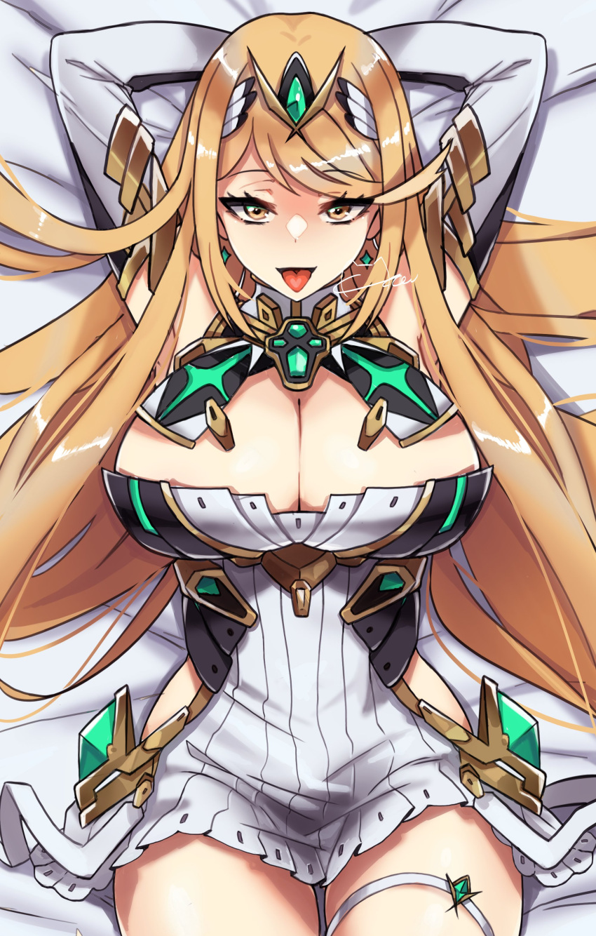 1girl absurdres arms_behind_head bangs bed bed_sheet blonde_hair breasts cleavage dakimakura_(medium) earrings elbow_gloves from_above gloves highres jewelry large_breasts long_hair looking_at_viewer lying meowyin mythra_(xenoblade) on_back open_mouth smile solo tiara tongue tongue_out white_gloves xenoblade_chronicles_(series) xenoblade_chronicles_2 yellow_eyes