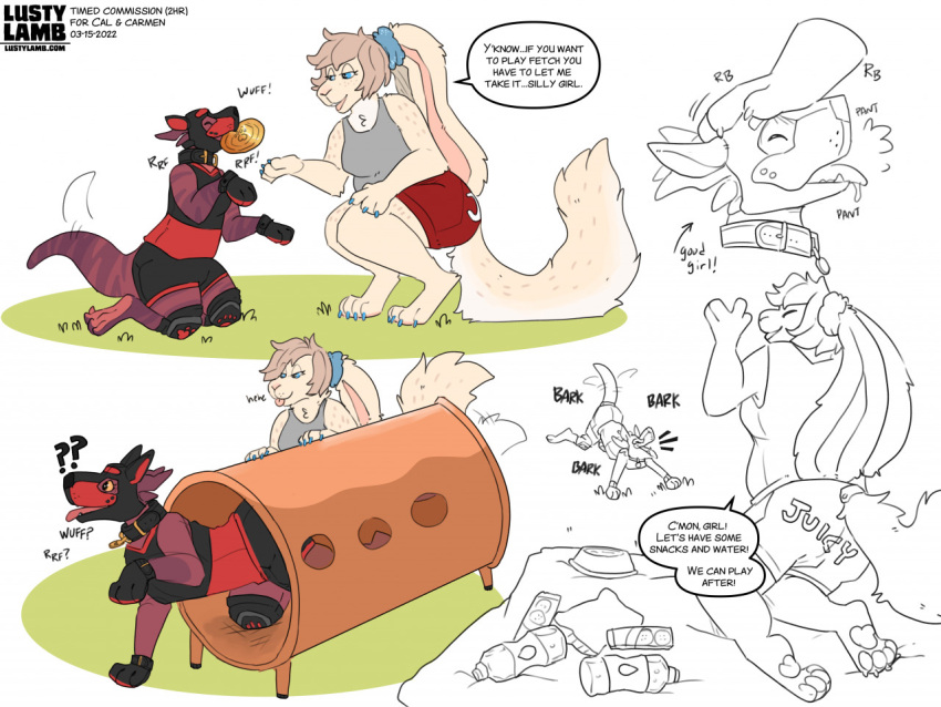 all_fours animal_mask anthro barking collar conditional_dnp duo female female/female frisby knee_pads kobold lustylamb mask outside paw_mitts petplay petting_head picnic playing_fetch praise pup_mask puppyplay roleplay tail_motion tailwag