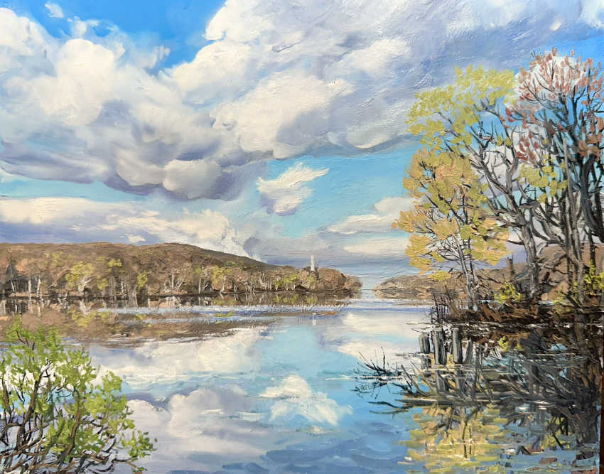 blue_sky cloud commentary day english_commentary highres kate_avery no_humans oil_painting_(medium) original outdoors painting_(medium) real_world_location reflection reflective_liquid river scenery sky traditional_media tree water