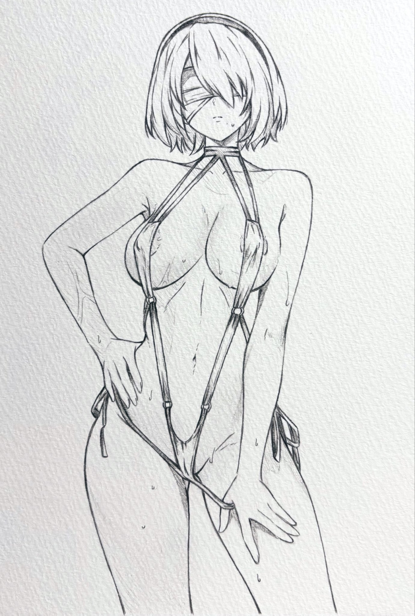 1girl 2b_(nier:automata) adjusting_clothes adjusting_swimsuit areola_slip ass_visible_through_thighs bikini blindfold breasts canvas_texture center_opening commentary_request contrapposto covered_nipples cowboy_shot expressionless graphite_(medium) greyscale groin hand_on_own_hip headband highres linea_alba medium_breasts micro_bikini monochrome navel nier:automata nier_(series) o-ring o-ring_bikini pulling_own_clothes seishun_dendeke short_hair slingshot_swimsuit solo standing sweat swimsuit traditional_media