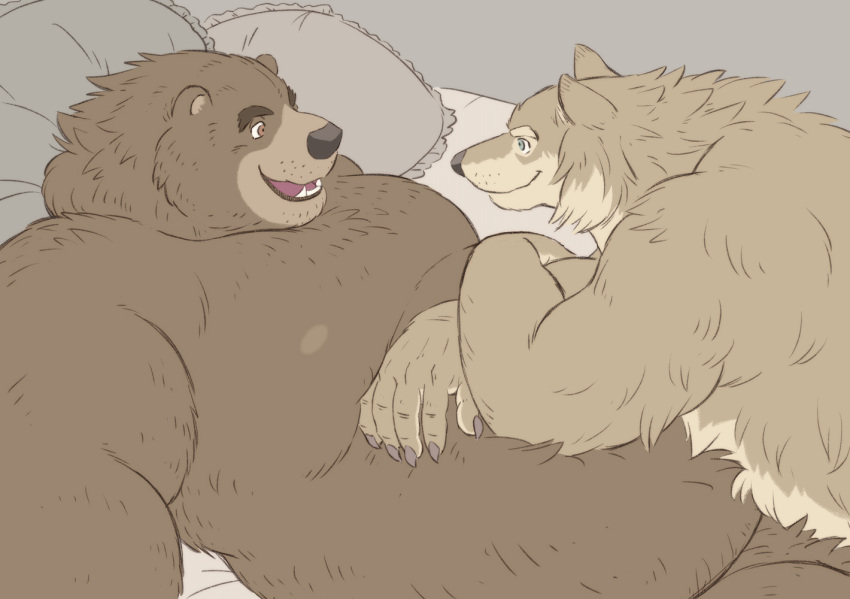 2022 anthro bed belly black_nose brown_body brown_fur canid canine canis duo fur furniture gadoran humanoid_hands kemono lying male mammal moobs nipples overweight overweight_male pillow ursid wolf