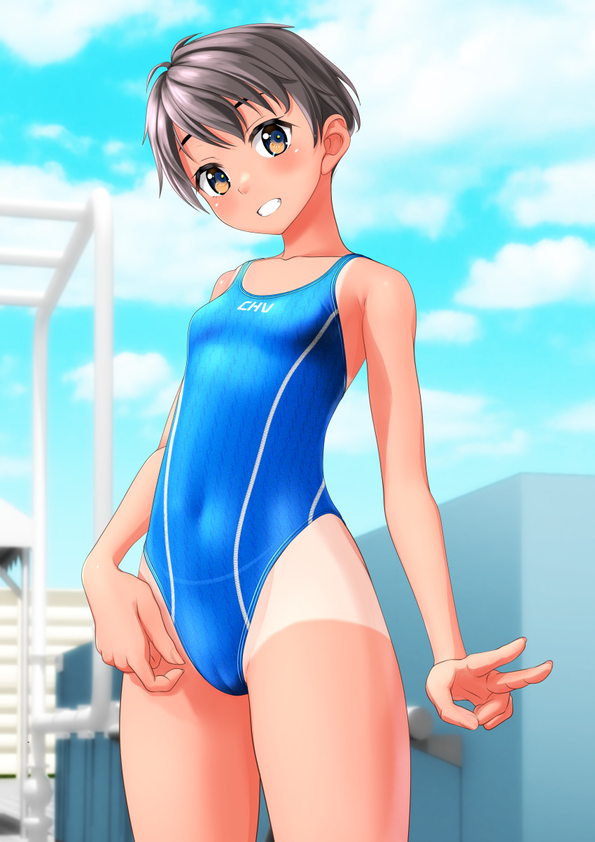 1girl absurdres black_hair blue_sky blue_swimsuit blurry blurry_background breasts brown_eyes cameltoe clothes_writing cloud commentary_request competition_swimsuit covered_navel cowboy_shot grin highleg highleg_swimsuit highres one-piece_swimsuit one-piece_tan original panties_under_swimsuit short_hair sky small_breasts smile solo striped striped_swimsuit swimsuit takafumi tan tanlines v