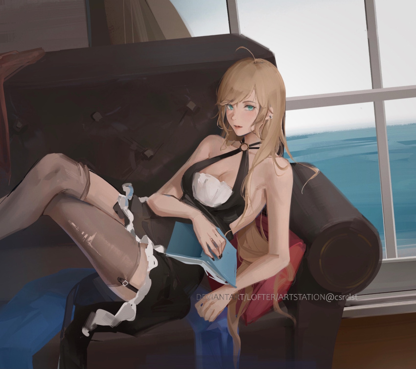 1girl aqua_eyes bangs bare_shoulders black_dress black_legwear black_nails blonde_hair blush book breasts cleavage closed_mouth collarbone couch crossed_legs dress eye_piercing eyebrows_visible_through_hair feet_out_of_frame garter_straps highres holding holding_book legs lexington_(cv-16)_(warship_girls_r) lips long_hair looking_at_viewer medium_breasts nail_polish on_couch pillow rifu_(643763873) sitting solo thighhighs thighs warship_girls_r window