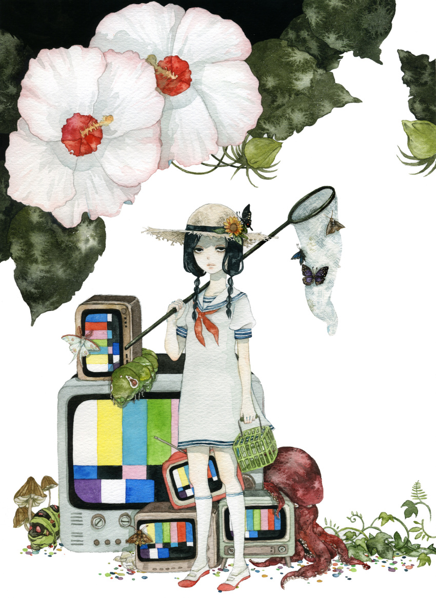 1girl absurdres black_eyes black_hair braid bug butterfly butterfly_net caterpillar commentary crt diorama dress flower full_body hand_net hat hibiscus highres holding jitome leaf looking_at_viewer medium_hair mushroom original painting_(medium) parted_lips pinkxxxna sailor sailor_dress shoes solo sprout standing sun_hat sunflower television traditional_media twin_braids watercolor_(medium) white_background white_flower