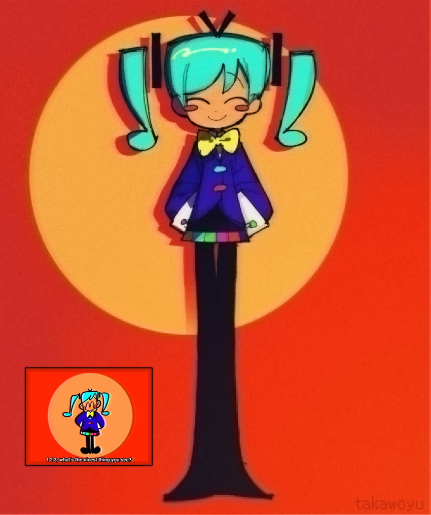 1girl ^_^ antenna_hair aqua_hair arms_behind_back black_boots black_skirt blue_jacket blush_stickers boots border bow bowtie closed_eyes closed_mouth collared_shirt commentary dark-skinned_female dark_skin deformed derivative_work dot_nose drop_shadow english_commentary english_text facing_viewer film_grain full-leg_boots full_body hair_ornament hatsune_miku highres intentional_jpeg_artifacts jacket legs_together long_sleeves medium_hair miniskirt naturally_detached_hair orange_background outside_border pleated_skirt puffy_long_sleeves puffy_sleeves raised_eyebrow red_border round_border saturated screenshot_inset screenshot_redraw shirt simple_background single_eyebrow skirt sleeve_cuffs smile solo standing static_(vocaloid) straight-on swept_bangs takawoyu traditional_bowtie twintails vocaloid white_shirt yellow_bow yellow_bowtie