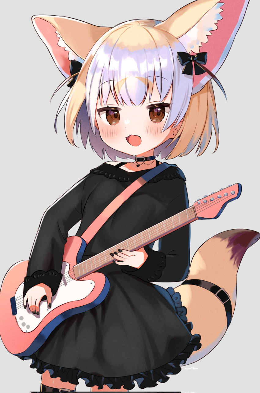 1girl :d alternate_costume animal_ear_fluff animal_ears black_choker black_dress black_nails blonde_hair blush brown_eyes choker commentary cowboy_shot dress extra_ears eyebrows_visible_through_hair fennec_(kemono_friends) fox_ears fox_girl fox_tail grey_background guitar highres instrument kemono_friends long_sleeves looking_at_viewer multicolored_hair nail_polish noamem open_mouth short_hair simple_background smile solo tail thigh_strap two-tone_hair white_hair