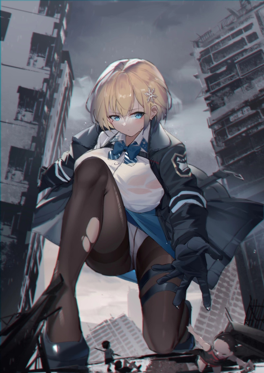 1girl 3boys bangs bankongping black_footwear black_gloves black_jacket black_legwear blonde_hair blue_bow blue_bowtie blue_eyes blue_skirt bow bowtie breasts building child city closed_mouth collared_shirt crotch_seam giant giantess girls'_frontline gloves hair_ornament highres jacket large_breasts long_sleeves mole mole_under_eye multiple_boys open_clothes open_jacket panties panties_under_pantyhose pantyhose pantyshot ruins shirt shoes short_hair size_difference skirt snowflake_hair_ornament striped striped_bow striped_bowtie sweat thigh_strap thighband_pantyhose torn_clothes torn_legwear underwear vsk-94_(girls'_frontline) white_panties white_shirt