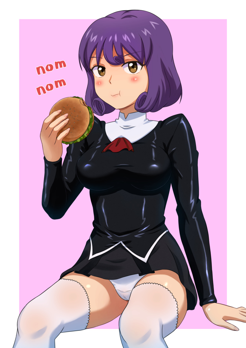 1girl agent_aika aika_(series) ascot bangs black_delmo black_delmo_leader black_jacket black_skirt bob_cut breasts brown_eyes burger crotch_seam delmogeny_uniform eating food food_on_face highres holding holding_food jacket juliet_sleeves long_sleeves looking_at_viewer medium_breasts panties pleated_skirt puffy_sleeves purple_hair red_ascot short_hair sitting skirt thighhighs thighs tsukemon underwear uniform white_legwear white_panties