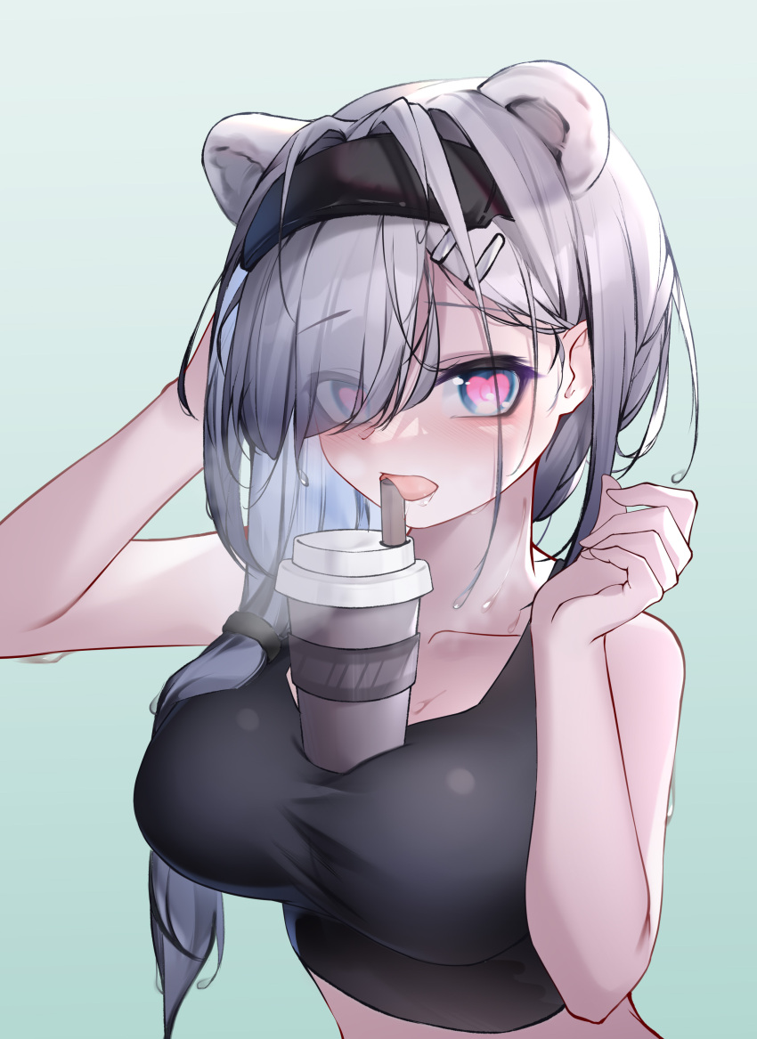 1girl absurdres animal_ears arknights aurora_(arknights) bare_arms bare_shoulders bear_ears black_gloves black_hairband blue_background blue_eyes blush breasts bubble_tea_challenge collarbone cup disposable_cup eyes_visible_through_hair gloves gradient gradient_background hair_ornament hair_over_one_eye hair_over_shoulder hairband hairclip hands_up heart heart-shaped_pupils highres large_breasts long_hair looking_at_viewer open_mouth qinshi-ji saliva silver_hair solo sweat symbol-shaped_pupils tongue tongue_out upper_body