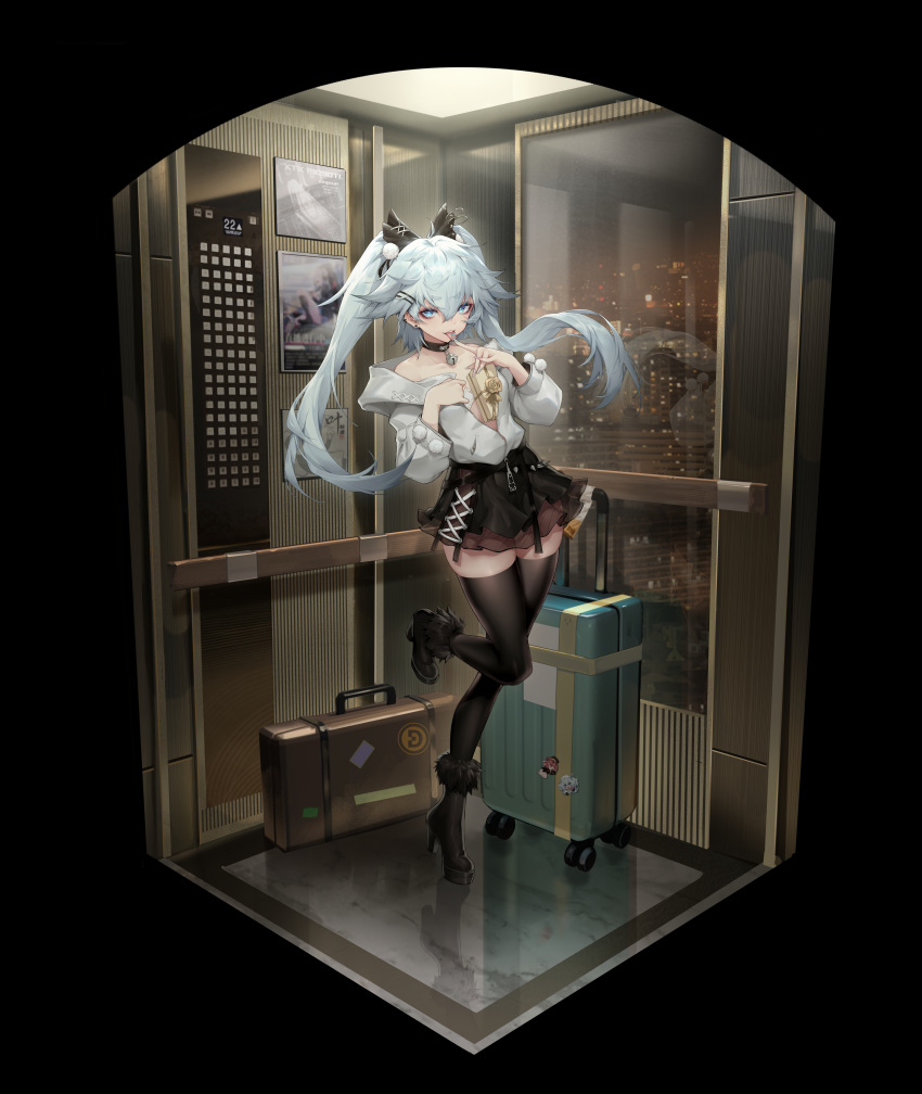 1girl absurdres ahoge bangs bell black_collar black_legwear black_skirt blue_nails box breasts capsule city_lights collar elevator eyebrows_visible_through_hair fingernails gift girls'_frontline girls'_frontline_neural_cloud grey_jacket hair_between_eyes hair_ornament hairclip heart heart-shaped_pupils high_heels highres holding holding_box jacket jingle_bell long_fingernails long_hair long_sleeves looking_at_viewer luggage miniskirt multicolored_nails nail_polish navel neck_bell night official_art open_clothes pa-15_(girls'_frontline) pill pointing pointing_at_self shanyao_jiang_tororo silver_hair skirt solo standing standing_on_one_leg symbol-shaped_pupils thighhighs tongue tongue_out twintails very_long_hair