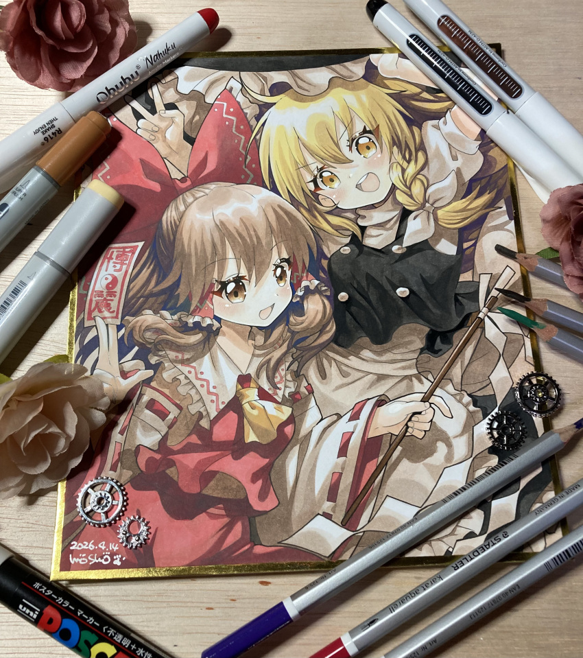 2girls :d absurdres apron arms_up art_tools_in_frame ascot black_hat black_vest blonde_hair bow braid brown_eyes brown_hair collared_shirt commentary dated detached_sleeves frilled_bow frilled_hair_tubes frilled_shirt_collar frills gohei hair_between_eyes hair_bow hair_tubes hakurei_reimu hat highres holding holding_gohei holding_ofuda kirisame_marisa long_hair long_sleeves looking_at_viewer marker_(medium) mosho multiple_girls ofuda open_mouth puffy_short_sleeves puffy_sleeves red_bow red_ribbon red_shirt red_skirt ribbon ribbon-trimmed_sleeves ribbon_trim shikishi shirt short_sleeves side_braid signature single_braid skirt smile teeth touhou traditional_media upper_teeth_only v vest waist_apron white_apron white_bow white_shirt yellow_ascot yellow_eyes