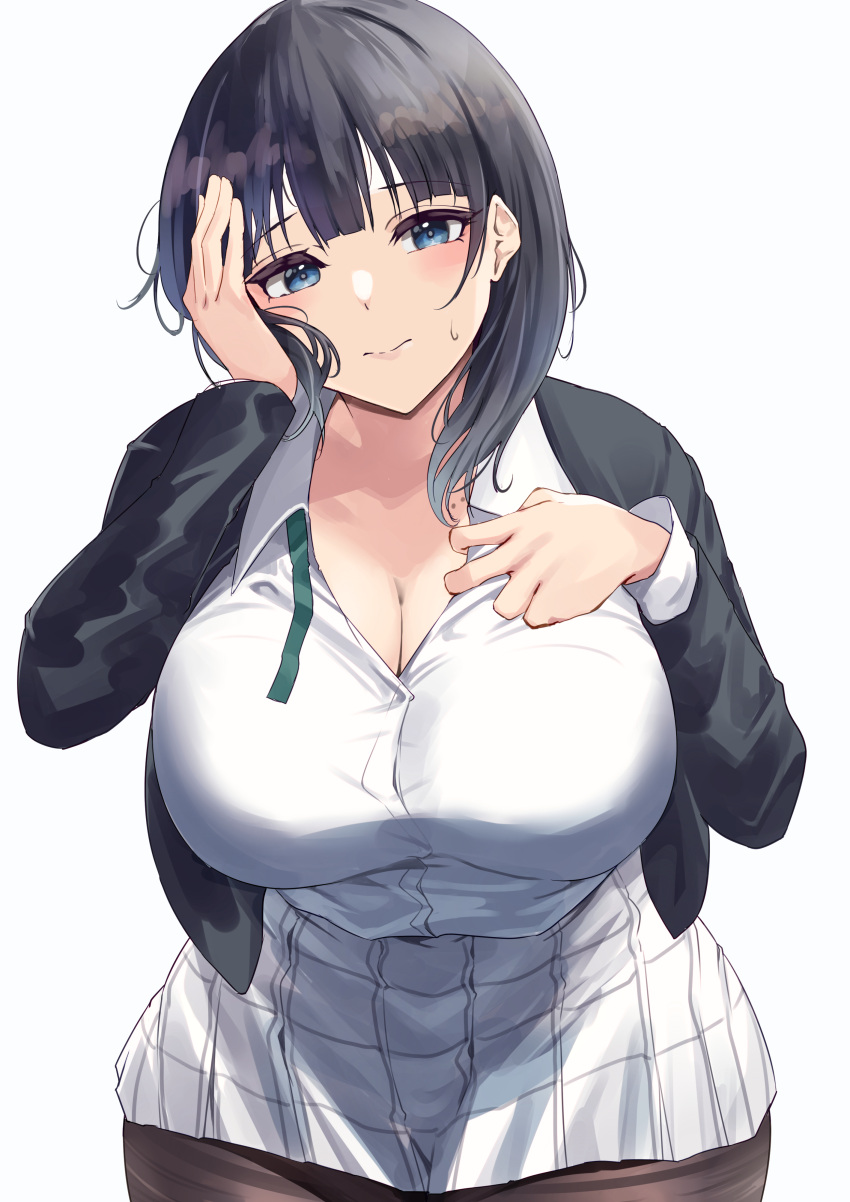 1girl absurdres asaka_karin black_hair black_jacket black_legwear blazer blue_eyes breasts cleavage curvy hand_on_own_chest hand_on_own_face hand_up highres huge_breasts jacket large_breasts long_hair long_sleeves looking_at_viewer love_live! love_live!_nijigasaki_high_school_idol_club namazu_(yamasonson) nijigasaki_academy_uniform pantyhose plump school_uniform shirt skirt smile solo white_shirt white_skirt