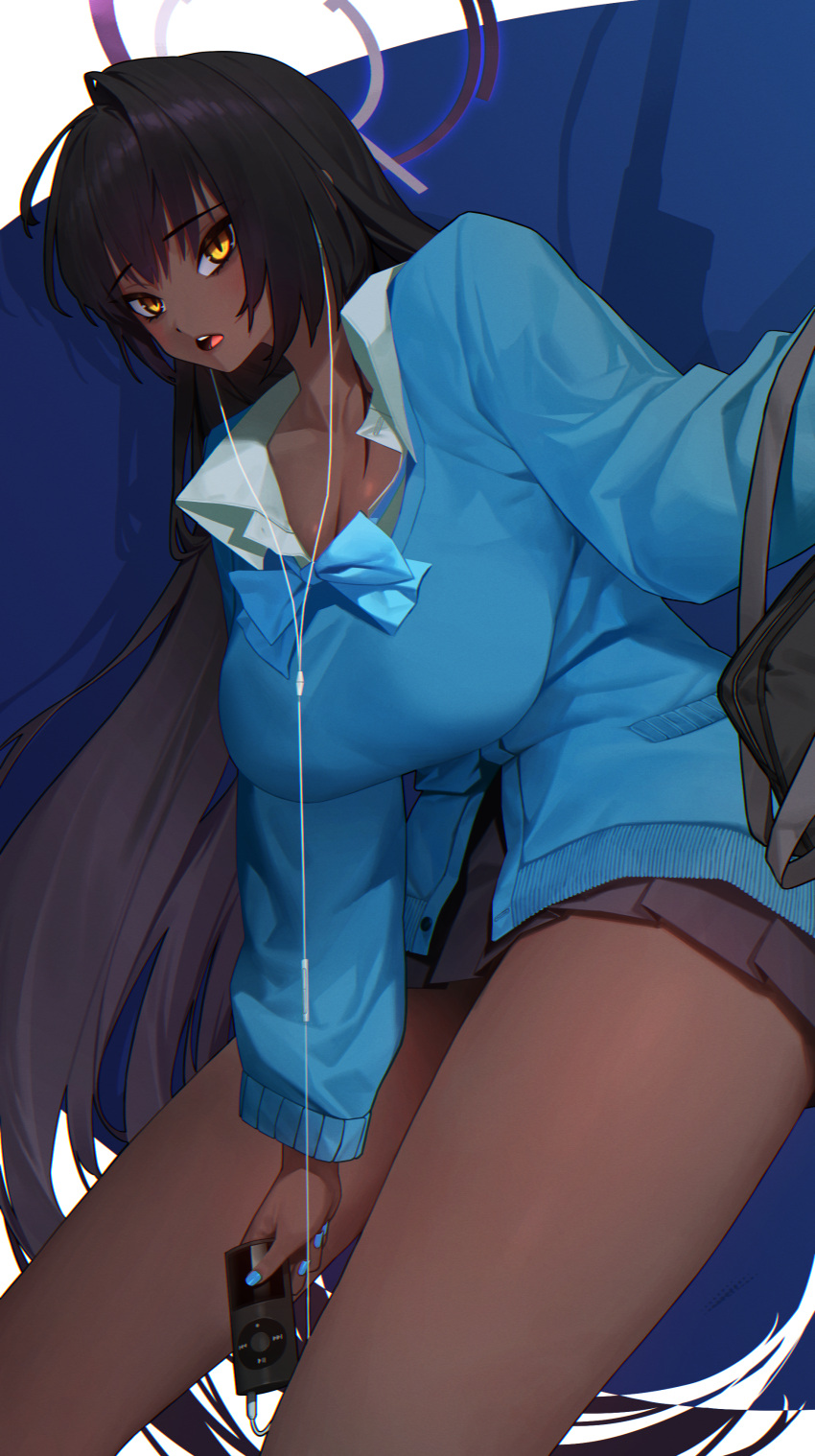 1girl absurdres ahoge bag black_hair black_skirt blue_archive blue_bow blue_bowtie blue_cardigan blush bow bowtie breasts cardigan cleavage collarbone collared_shirt commentary_request dark-skinned_female dark_skin earphones halo highres holding holding_mp3_player ipod karin_(blue_archive) karin_(school_uniform)_(blue_archive) large_breasts long_hair looking_at_viewer mp3_player onbawa open_mouth pleated_skirt purple_halo school_bag shirt skirt solo thighs white_shirt yellow_eyes