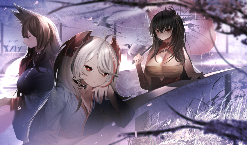 3girls amagi_(azur_lane) animal_ear_fluff animal_ears azur_lane bangs black_choker black_hair breasts brown_hair choker cleavage closed_mouth collarbone eyebrows_visible_through_hair fox_ears gdat hand_on_own_chin highres holding holding_umbrella japanese_clothes kimono large_breasts long_hair looking_at_viewer looking_away multicolored_hair multiple_girls official_alternate_costume prinz_eugen_(azur_lane) scenery silver_hair smile standing taihou_(azur_lane) taihou_(phoenix's_spring_song)_(azur_lane) umbrella upper_body