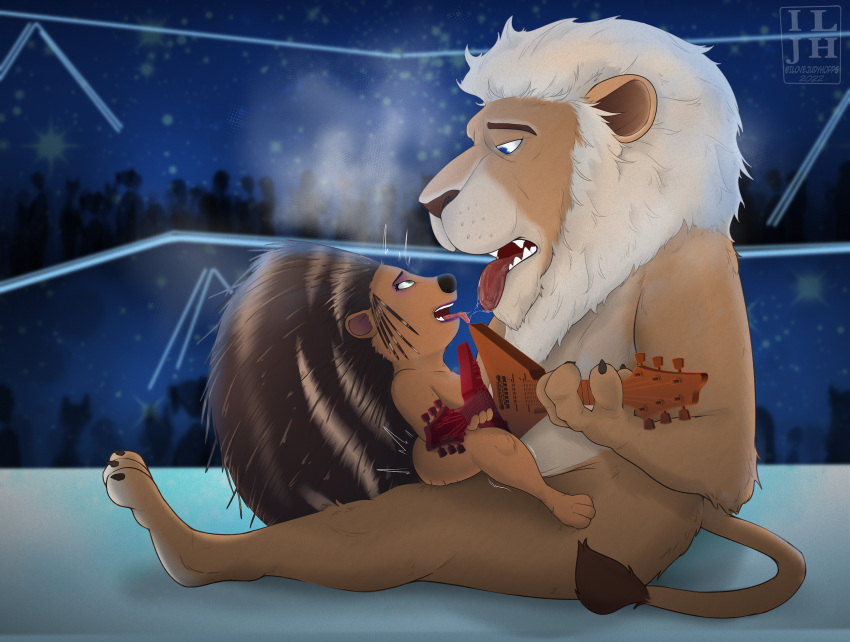 ahegao anthro ash_(sing) bodily_fluids breath breathing clay_calloway_(sing) concert cum cum_inside duo eye_contact felid female from_front_position genital_fluids guitar hi_res illumination_entertainment ilovejudyhopps kissing lion looking_at_another looking_pleasured lying male male/female mammal missionary_position musical_instrument nude on_back pantherine playing_guitar playing_music plucked_string_instrument porcupine rodent saliva saliva_on_tongue saliva_string sex sing_(movie) sing_2 stage stage_lights string_instrument thrusting tongue tongue_out voyeur